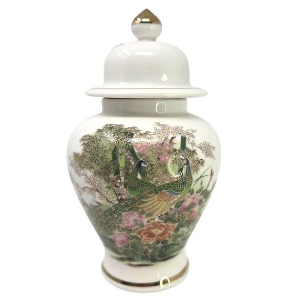 Other - Vintage OMC 6" Peacock Bamboo Floral Gold Gilded Porcelain Ginger Lid Jar Japan